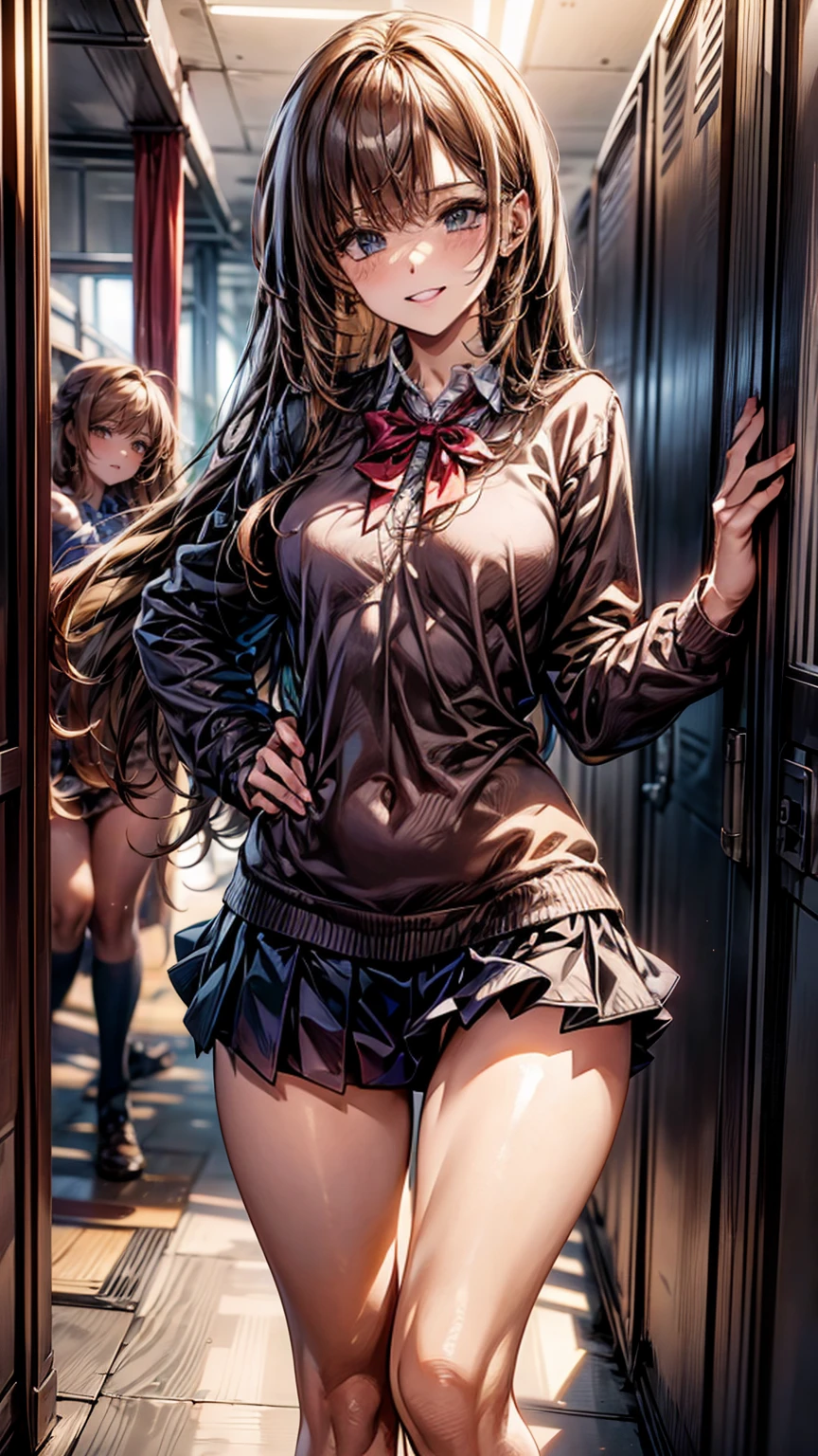 High school girl ((sexy and confident)), slender and curvy, (masterpiece, best quality), smug expression, (real picture, intricate details), (1 lady, solo, firm breasts, no visible muscles, soft and feminine body), long flowing hair, sharp and teasing eyes, (tight school uniform, short skirt, revealing top), standing confidently in front of you, playful and taunting pose, arms crossed or hands on hips, (school hallway background, normal setting, lockers and posters in view), smirk on her lips, direct gaze, (teasing, playful dominance), Background: High school hallway, normal school day, casual atmosphere, fluorescent lighting.
