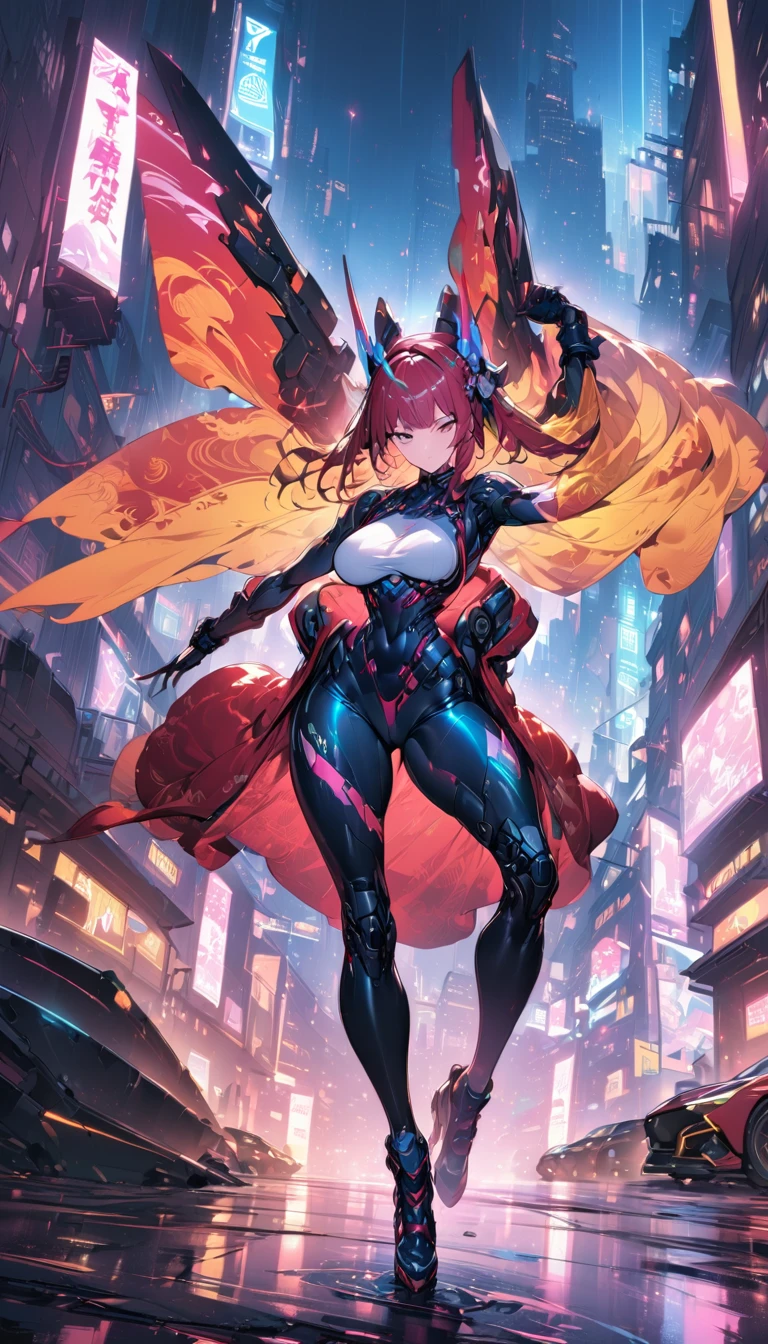 best quality,4k,8k,highres,masterpiece:1.2),ultra-detailed, extremely detailed eyes, extremely detailed body, (large masterpiece digital art), (detailed manga illustration), (detailed line art), ((perfect anatomy)), high quality, expressive eyes, full body, tall girl, detailed face, beautiful face, perfect face, breasts, cleavage, gloves, A photograph of mid-twenties Japanese female android made of shiny white and silver translucent glass and plastic, geisha makeup and hairstyle, silver metal internal body mechanisms, dynamic pose, flowing organic construction, glowing golden circuitry, colorful neon trim, glowing circuitry, neon trim, depth of field focus f/2.8, art by H.R. Giger, Greg Rutowski, bodysuit, thick thighs, toned, emblem, cinematic lighting, dynamic lighting, 4k resolution, dynamic pose, weapon, energy weapon, cover, mecha musume, fortified suit, mechanical parts, headgear, robot joints, bodysuit, deva battle suit, gloves,