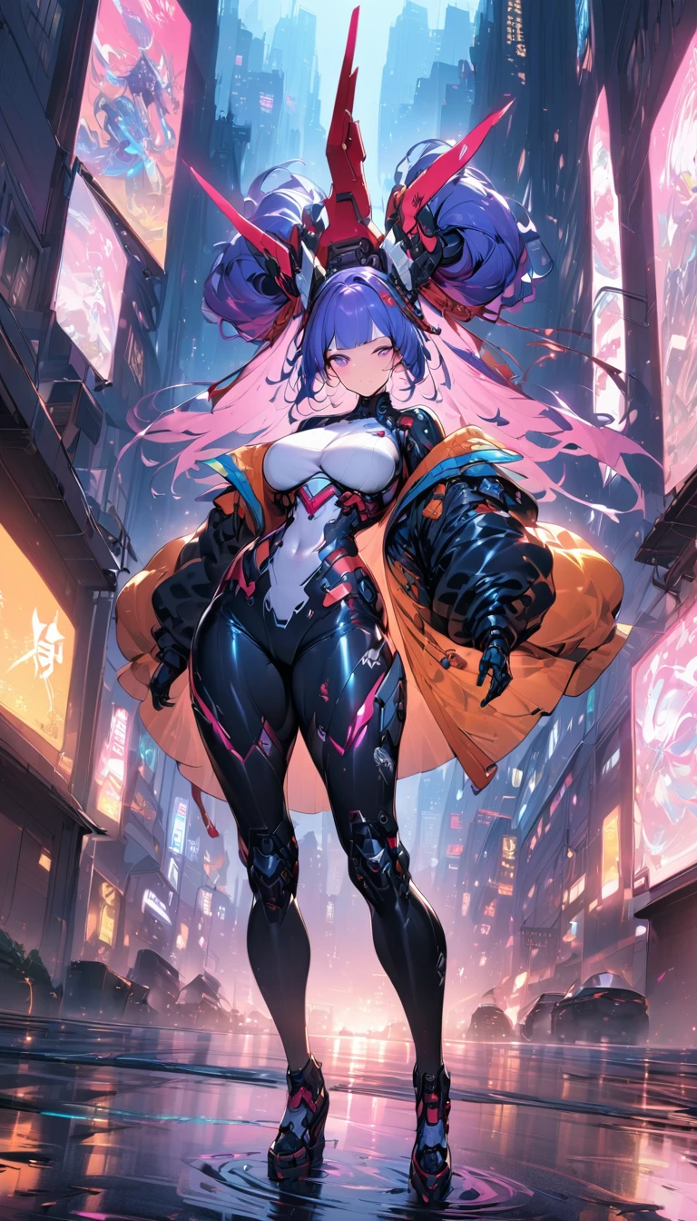 best quality,4k,8k,highres,masterpiece:1.2),ultra-detailed, extremely detailed eyes, extremely detailed body, (large masterpiece digital art), (detailed manga illustration), (detailed line art), ((perfect anatomy)), high quality, expressive eyes, full body, tall girl, detailed face, beautiful face, perfect face, breasts, cleavage, gloves, A photograph of mid-twenties Japanese female android made of shiny white and silver translucent glass and plastic, geisha makeup and hairstyle, silver metal internal body mechanisms, dynamic pose, flowing organic construction, glowing golden circuitry, colorful neon trim, glowing circuitry, neon trim, depth of field focus f/2.8, art by H.R. Giger, Greg Rutowski, bodysuit, thick thighs, toned, emblem, cinematic lighting, dynamic lighting, 4k resolution, dynamic pose, weapon, energy weapon, cover, mecha musume, fortified suit, mechanical parts, headgear, robot joints, bodysuit, deva battle suit, gloves,