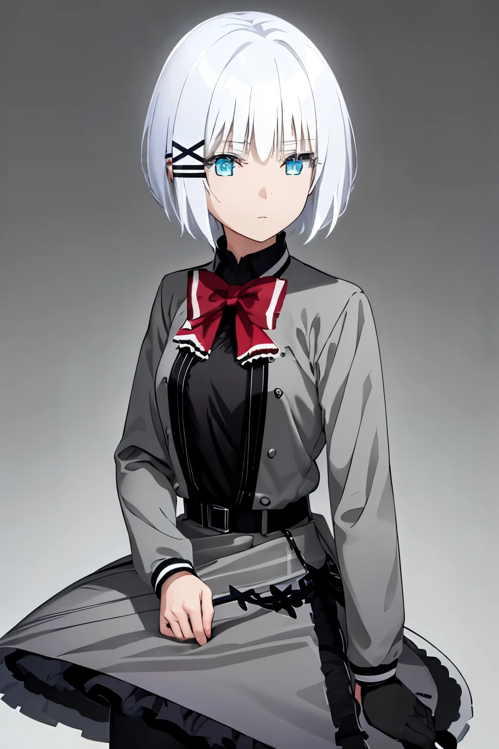 masterpiece, best quality, high quality, highres, official art, explicit, extremely detailed, ultra detailed, absurdres, very aesthetic, perfect composition, (POV), (siesta, blue eyes, short hair, white hair, hairclip, x hair ornament, bangs, red bowtie, black shirt, grey jacket, grey dress, black skirt, black belt, frills, black pantyhose)