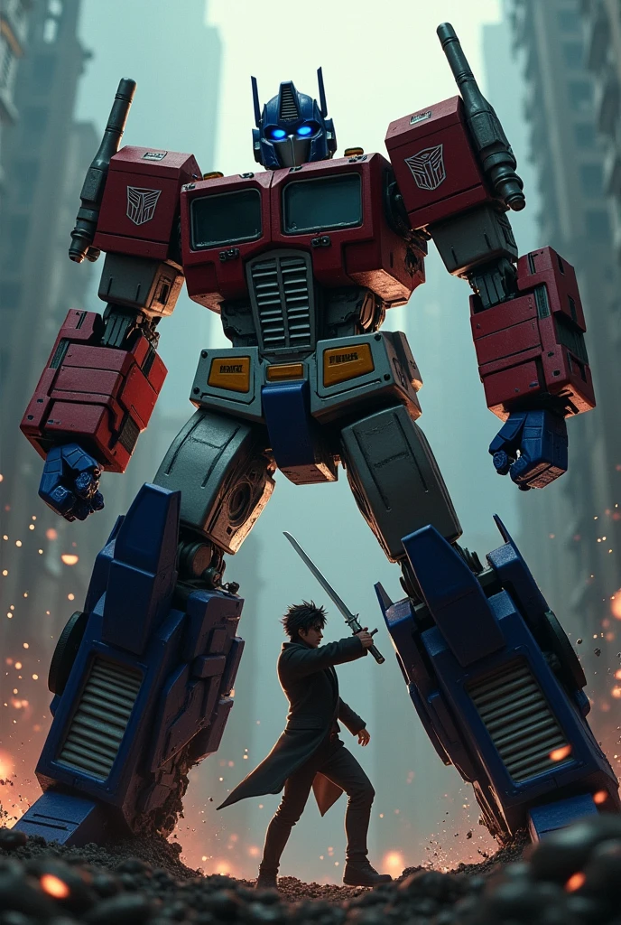 a highly detailed illustration of Optimus Prime attacking Kirito, Kirito's face is hurt, cinematic dramatic lighting, dark moody colors, dynamic action pose, photorealistic 3d render, intricate mecha machinery, intense battle scene, striking contrast between Optimus Prime slap Kirito, gritty realistic textures, compelling cinematic composition, moody and intense atmosphere, ultra-detailed and hyper-realistic