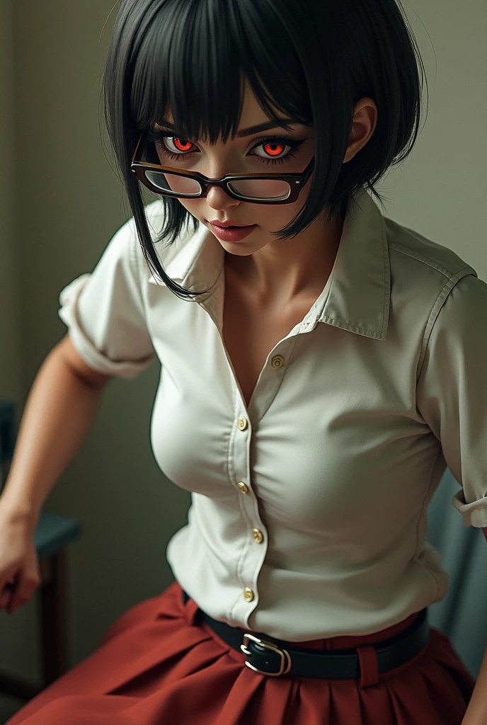 Empty wooden floor, ((Velma dinkley laying on her back unconscious, heavily torn clothes, very large breasts)), (ripped shirt) , orange shirt, ((eyes closed)) , (mouth open) , high quality, UHD, 8k detailed, detailed eyes, glasses, Masterpiece, Velma dinkley, (exhausted look on face), black underwear, (head to side), (brown torn skirt), (shirt torn apart:1.5), ((underwear torn)), pretty face, (thicc)