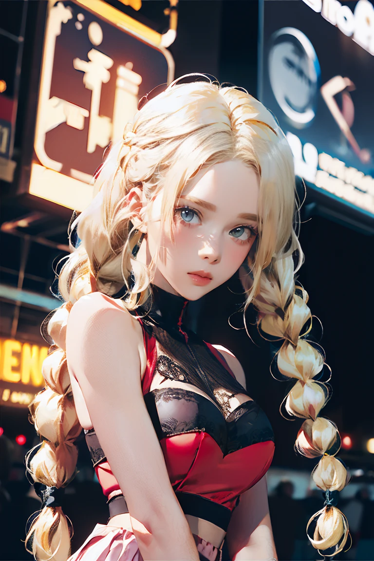 Large Breasts, 8k, masterpiece, RAW Photos, Highest quality, detailed:1.2),Realistic, extremely detaileded CG unity 8k wallpaper, Lens flare, (Very beautiful face, Beautiful red lips, Beautiful Eyes), intricate detailed face, ((ultra detaileded skin)), One girl, In the Dark, Deep Shadow, cute, (Slim, toned and muscular body:1.3), ((View your viewers)), (Big smile), (raced dress), (((city night, (Neon Signs), (night))), pantyhose, Clear Eyes, walk, Look forward, (((Brown eyes))), ((Upper Body Shot)), dress, raced dress, Very slim, Defamation, ((((Blonde hair twin braids)))), ((Decorate your hair with flowers)), (((Silver: pink: skirt dress: gloves race)))))), 3d, Rich colors, (Black Makeup:1.3), (race stockings with garters, cord trim, race), (Intricate detaileded multi-layer bodysiut lacy race-upp), neckrace, bracelet