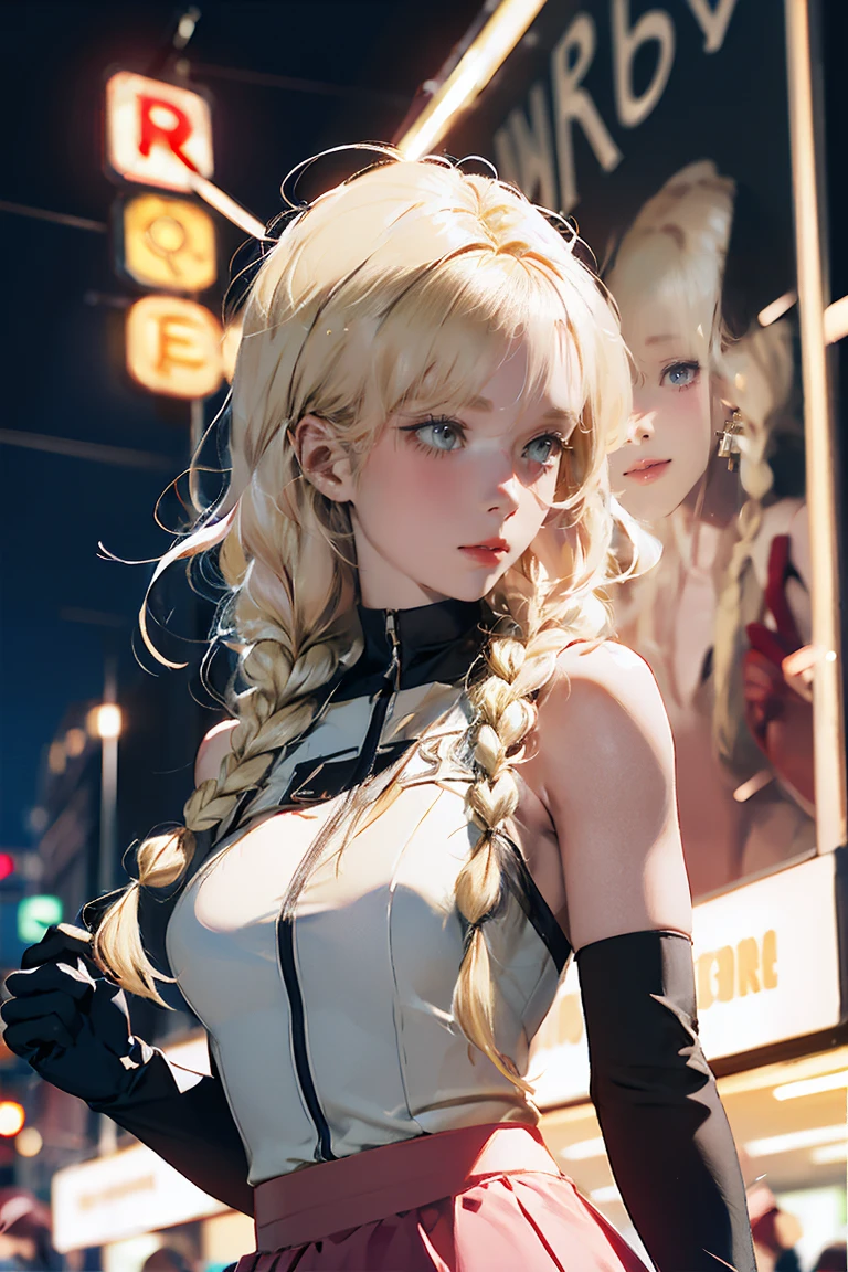 Large Breasts, 8k, masterpiece, RAW Photos, Highest quality, detailed:1.2),Realistic, extremely detaileded CG unity 8k wallpaper, Lens flare, (Very beautiful face, Beautiful red lips, Beautiful Eyes), intricate detailed face, ((ultra detaileded skin)), One person, cute, (Slim, toned and muscular body:1.3), (raced ドレス), (((city night, (Neon Signs), (night))), pantyhose, (((Blue eyes))), ((Upper Body Shot)), Very slim, ((((Blonde hair twin braids)))), (((Silver: pink: skirt dress: gloves race)))))), 3d, Rich colors, (Black Makeup:1.3), (race stockings with garters, cord trim, race), (Intricate detaileded multi-layer bodysiut lacy race-upp), neckrace, bracelet,NSFW