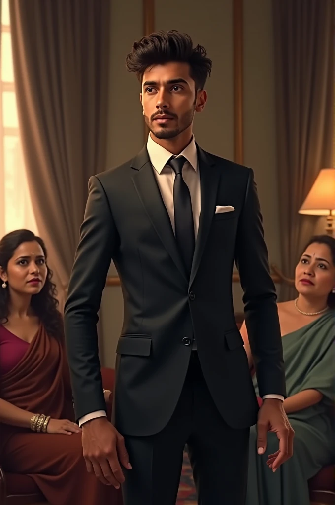 Ridwaan's Transformation: A scene showing Ridwaan in a sophisticated, well-dressed appearance (suit or formal attire), standing confidently before Ayaan's parents. The parents could be depicted with expressions of shock and amazement