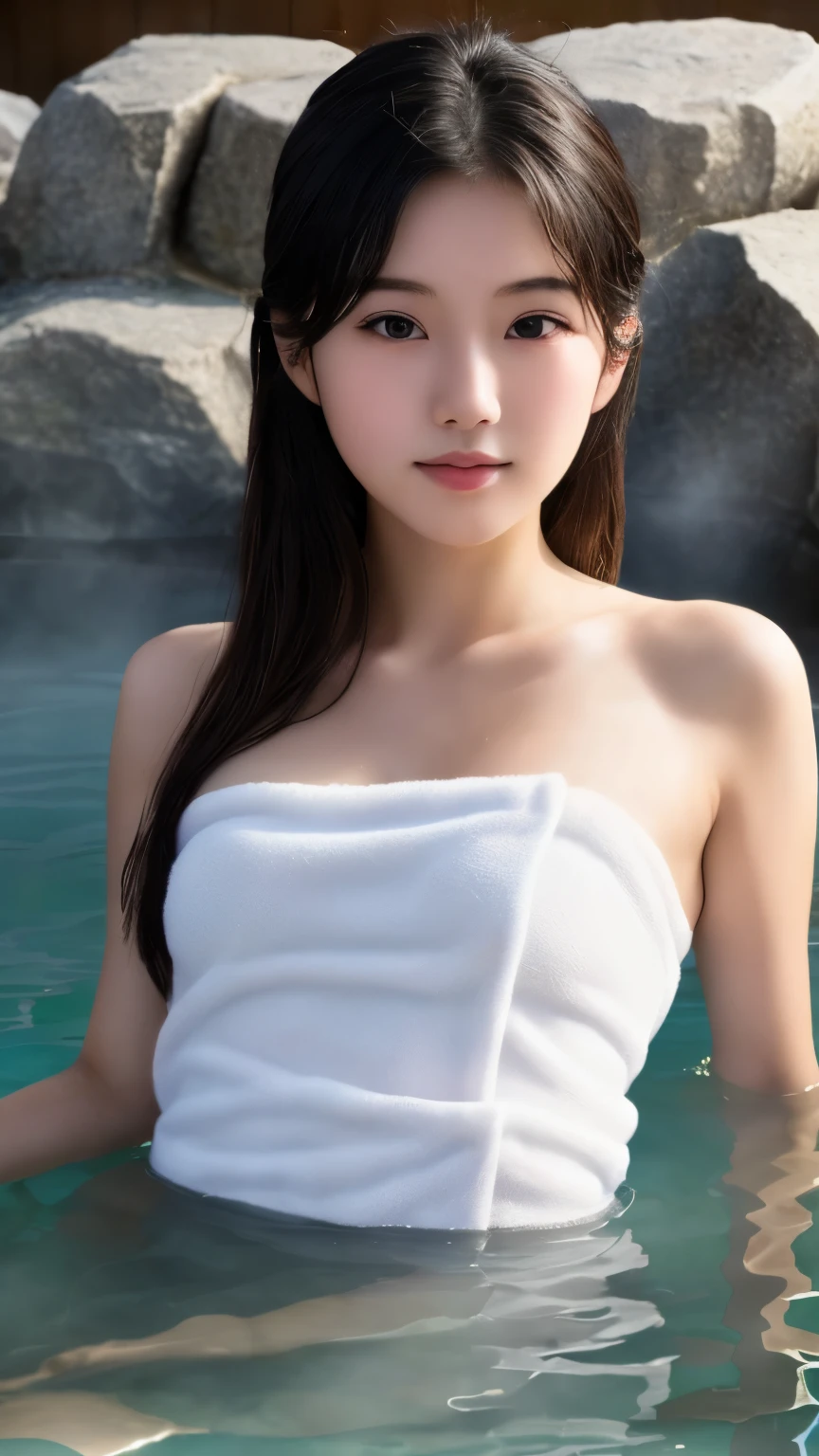 最high quality、high quality、Best image quality、8k、最High resolution、High resolution、最high quality、masterpiece、far and near method、Detailed and realistic human body、Detailed and realistic skin、Realistic face in every detail、Realistic reproduction of every detail、Detailed and realistic lips、Detailed and realistic teeth、Detailed and realistic ears、Detailed and realistic hair、Detailed and realistic arms、Realistic reproduction of every detail、Realistic fingers in every detail、(Beautiful Hands、thumb1reference4)、Realistic feet down to the last detail、((Japanese Model)), (Japanese women)、(())、((Junior.Idol))、(Black Hair)、(Random Hairstyles)、(Young face)、((whole body))、((Small breasts、Flat chest))、((immature body shape))、(whole body光沢肌、Fair skin)、((Wrap a thin white towel around your body.))、((Thin towel(濡れたThin towelを通して彼女の肌が見える))、(濡れたThin towelの上から乳首の形がはっきりわかる)、(濡れたThin towelを通して彼女のオマンコの形がはっきり見える)、((濡れたThin towelが彼女の肌に密着して張り付いています))、(Soft natural light)、((Deep in the forest(Natural hot springs gush out))、((Hot springs surrounded by rocks))、((deep bathtub(deep hot spring))、((Onsen Girls))、((Enter the hot spring))、((A woman warming herself in a hot spring))、((A woman lying down and relaxing in a hot spring))、((Soak in a hot spring))、((腰までSoak in a hot spring))、((寝転んでSoak in a hot spring))、((Sleep in hot springs))、((Soak in a hot spring))、((肩までSoak in a hot spring))、((Extremely clear hot spring water))、((The main body seen from the water surface))、((A hot spring with thick steam))、((A lot of steam rises from the hot spring.))