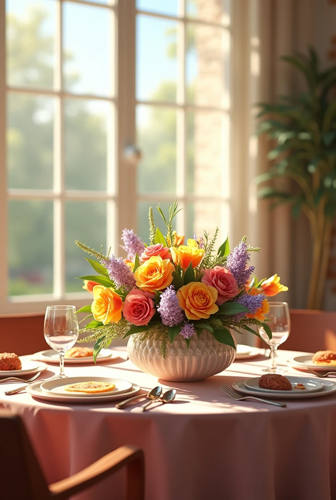 Cozy and warm table with centre piece for spring bright floral print paatterns