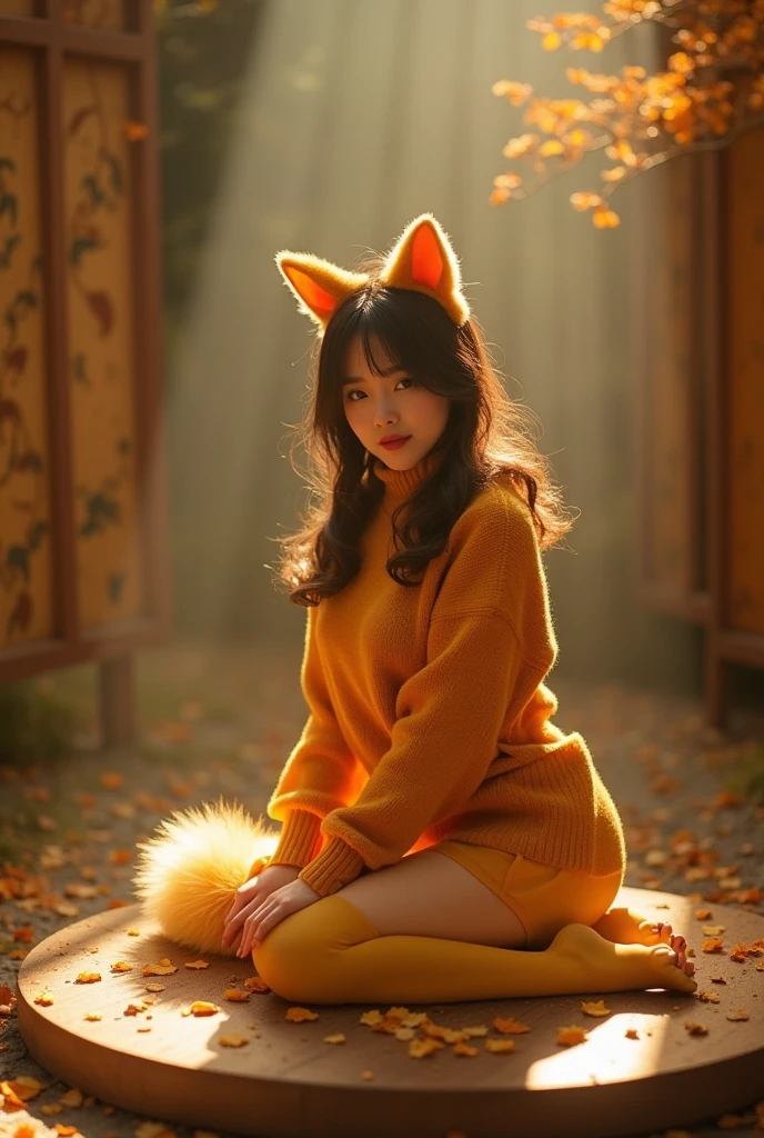 Japanese men and women、She is wearing a short, high-necked mustard-colored sweater, mustard-colored tights, and fox ears.、Posing as a fox on a small circular stage、Romantic atmosphere、A full-body photo