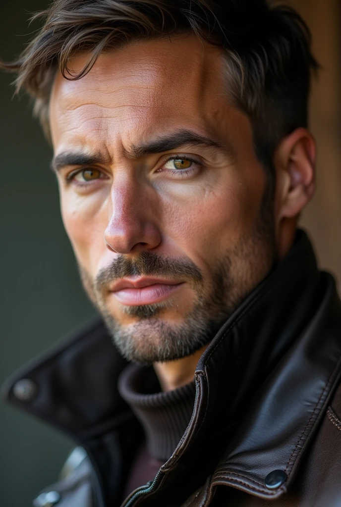 high quality man images, man image based on https://photos.google.with/photo/AF1QipOt2ss6ZcUTGeHjOeIjzTzSgvRg2aO8BXOZuTji, portrait, leather details, facial details