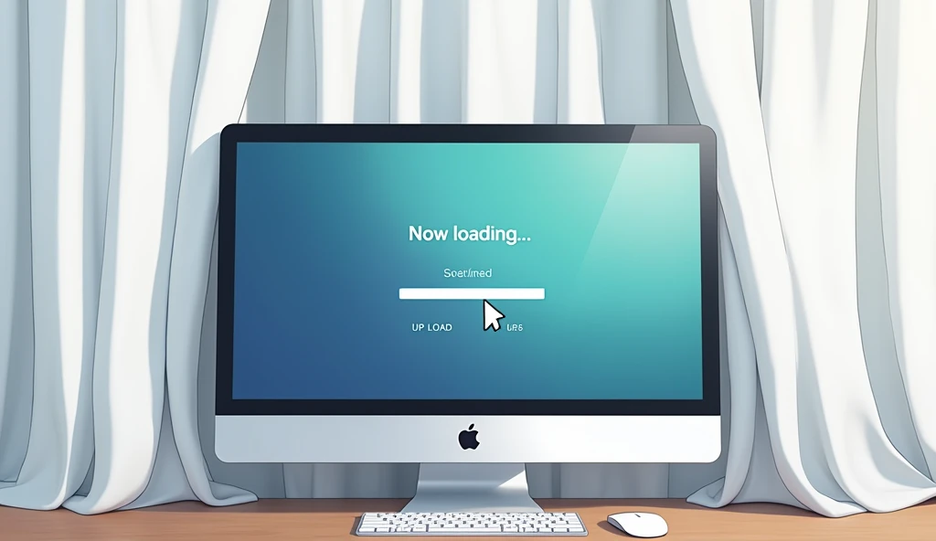 Wide Mac computer monitor,A closed white curtain behind the monitor,「Now loading...」Character,Loading bar,Loading screen,At the bottom right corner, click「UP LOAD」button, mouse pointer,Anime Style, *Photo taken from the side of the monitor,High resolution,