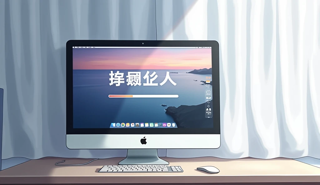 Wide Mac computer monitor,A closed white curtain behind the monitor,「Now loading...」Character,Loading bar,Loading screen,At the bottom right corner, click「UP LOAD」button, mouse pointer,Anime Style, *Photo taken from the side of the monitor,High resolution,