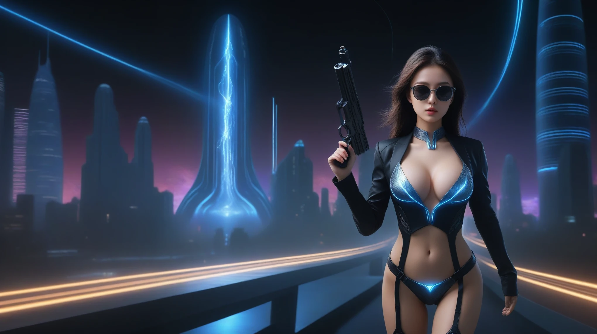 A sexy young slim woman wearing a black suit and dark glasses stood still, (holding a short gun), large-breast cleavage. The background is full of Sparkling, colorful electricity and colorful visual effects, flying cars, sci-fi sparkling-spirit wormhole. Realistic style and high definition Dynamic poses and stunning lighting.