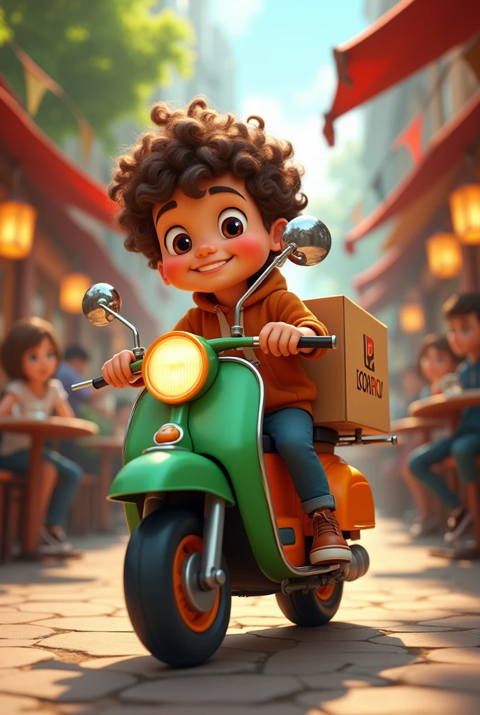 cute curly haired boy riding a green and orange courier motorbike with a big box on the back with a restaurant atmosphere in the background