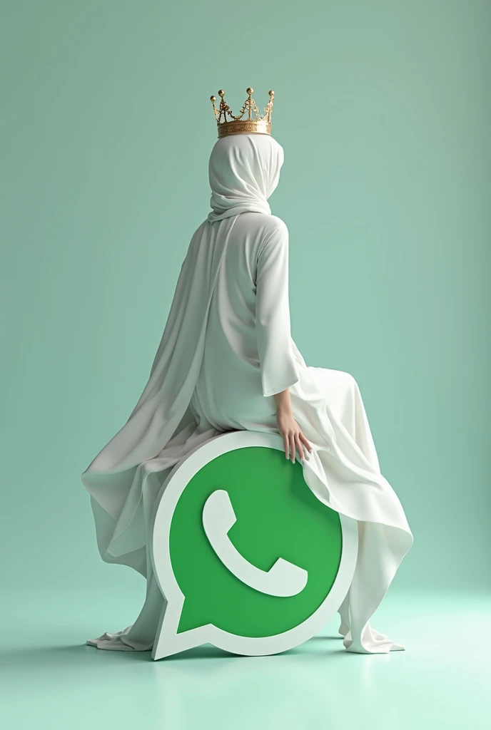 Create a 3D illustration of a character,sitting on the side above the social network icon "Whatsapp". The character is a girl in a white hijab, no face from the back, hijab as wedding lush length to the ground, there is a crown on her head,her hijab is released on the whatsapp icon,background computer whatsapp profile home page with username "Aikerim" whatsapp icon in background