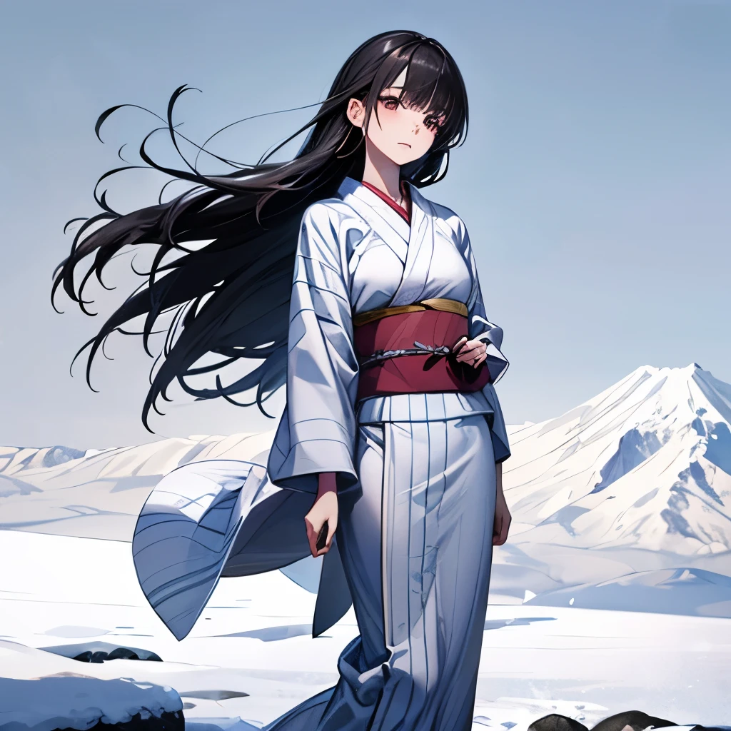 Japanese woman standing on a snowy mountain、Beautiful Faces、White skin、Black straight long hair、White yukata、whole body、Hair blowing in the wind、Slim body、Thin eyebrows、Large, drooping eyes、cute、Standing in a snowstorm、