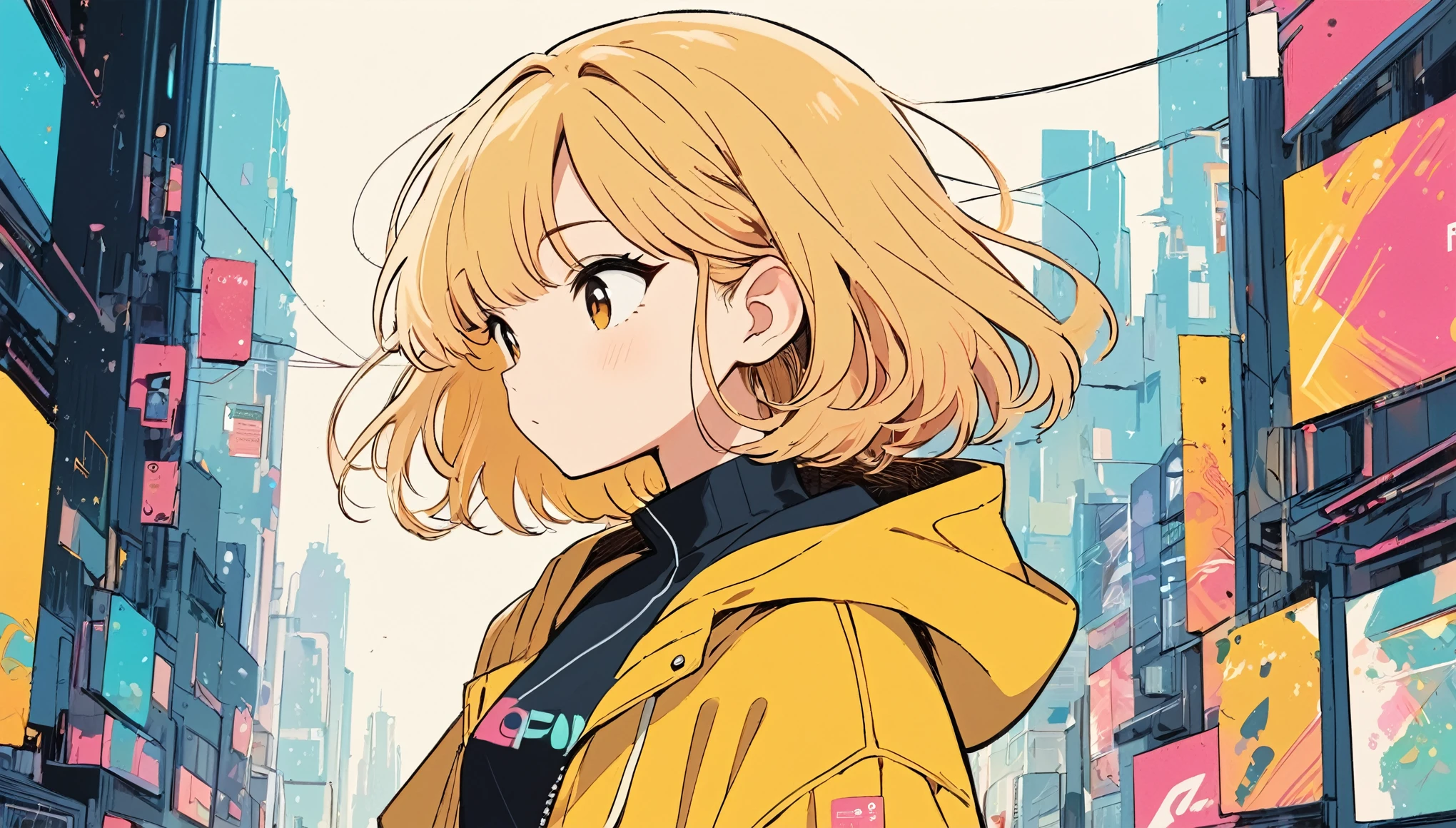 lofi girl, lofi artstyle, lofi art, anime girl with blonde hair and yellow jacket looking away, clean artstyle, profile of anime girl, clean detailed anime style, anime style 4 k, high quality anime artstyle, urban girl fanart, anime artstyle, by Kun Can, cyberpunk anime girl in hoodie, artgerm and atey ghailan, anime style. 8k, modern anime style