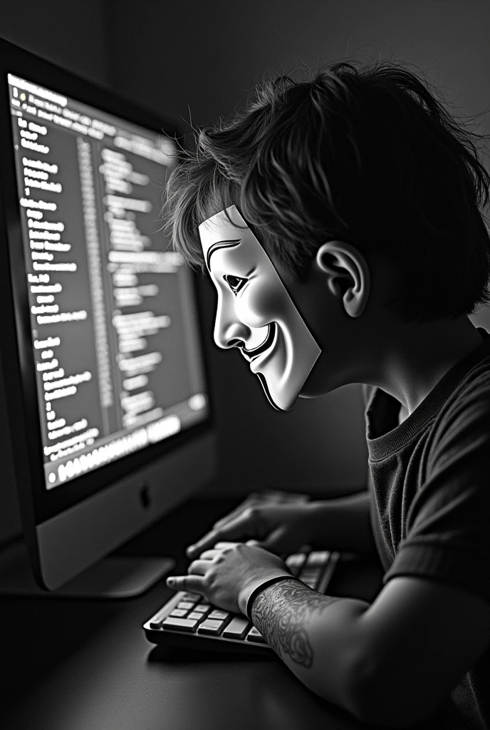 The mask from the movie V for Vendetta being removed from a child's face, in an environment such as containing a computer where hacker languages are found on the screen, all this in a black tattoo, white and grey, on the right shin of the leg