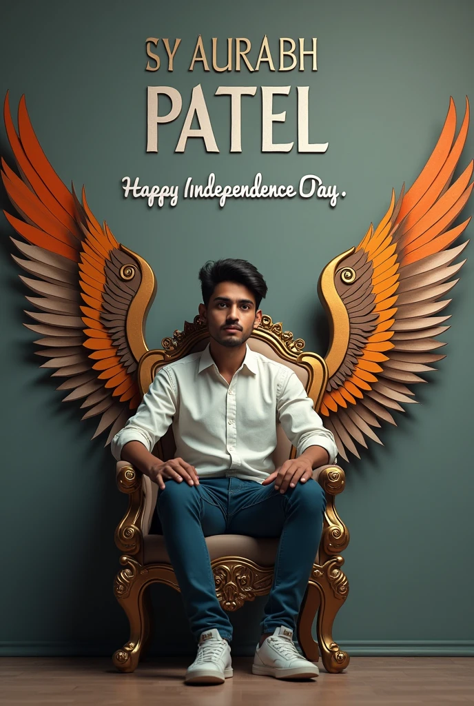 Create realistic illusion image A 20 years old boy is sitting on a king chair with indian tricolor wings and behind him the color of the wall is gray on which “SAURABH PATEL’ is written in golden. and also written ” Happy Independence Day” in clear letter written on small size on bottom