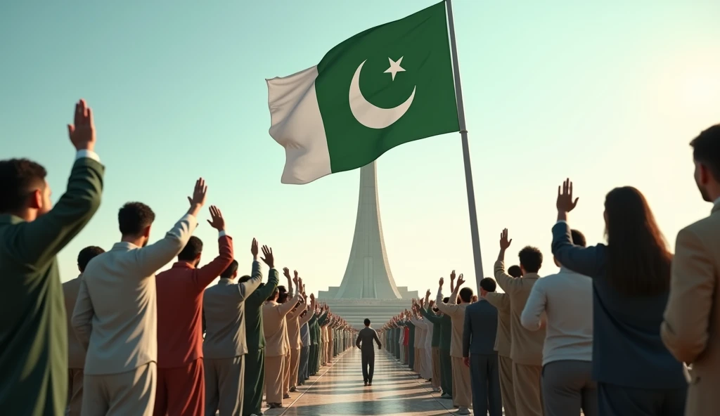 People salute pakistan flag tower of pakistan in background