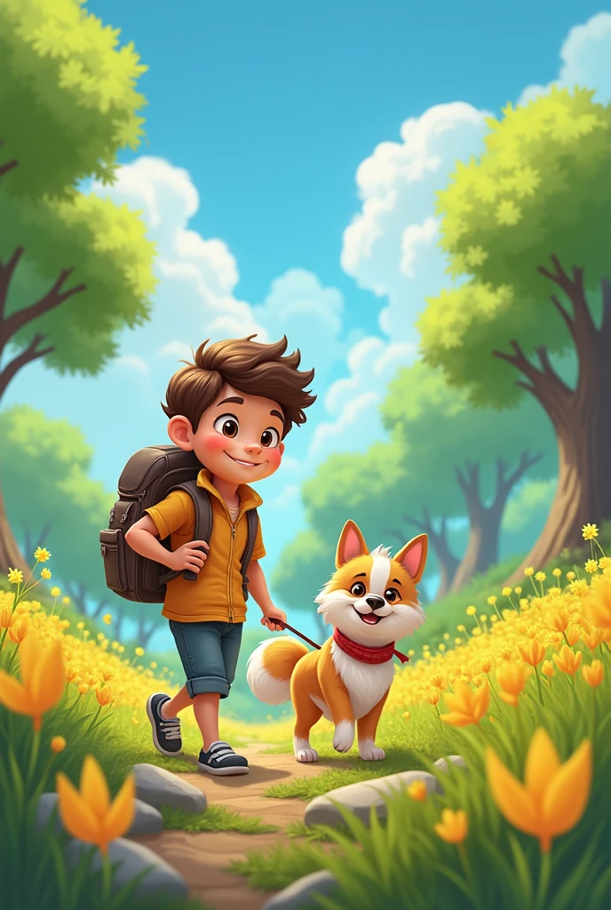 A very lovely boy with a backpack and his cute little dog. (well-built) Enjoying a lovely spring outing surrounded by beautiful yellow flowers and nature. 4k resolution, High Definition, illustrations, Very detailed, facial features, Cartoon, visual effects.