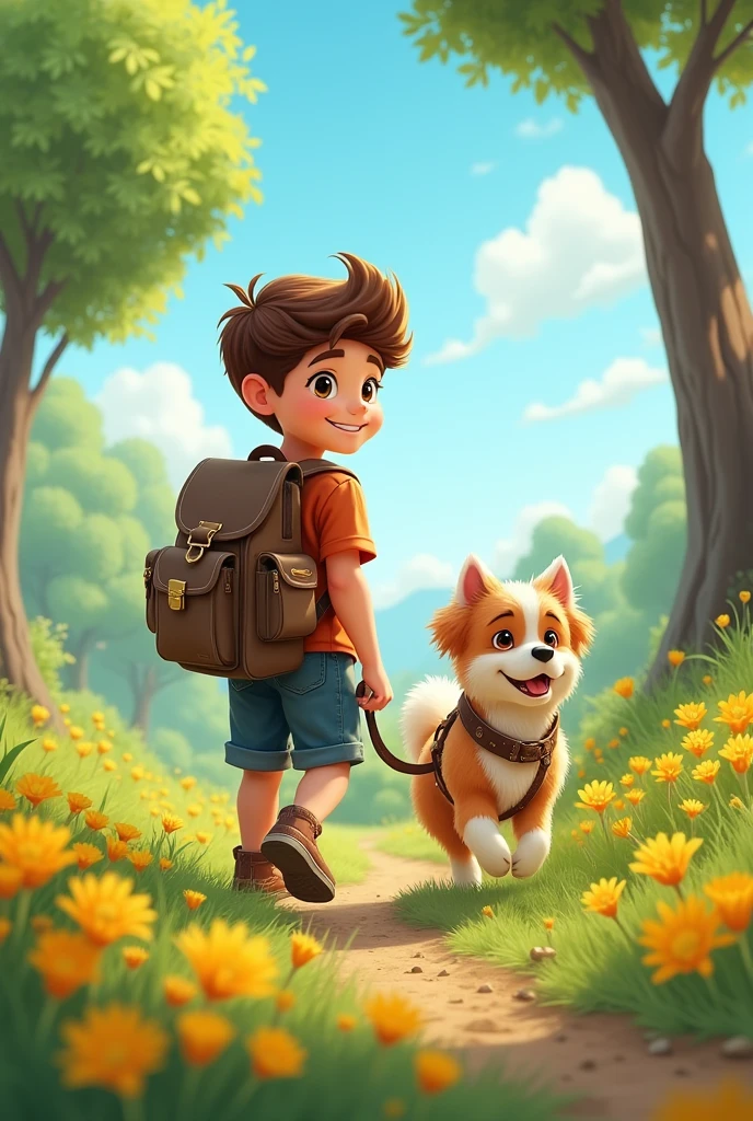 A very lovely boy with a backpack and his cute little dog. (well-built) Enjoying a lovely spring outing surrounded by beautiful yellow flowers and nature. 4k resolution, High Definition, illustrations, Very detailed, facial features, Cartoon, visual effects.  