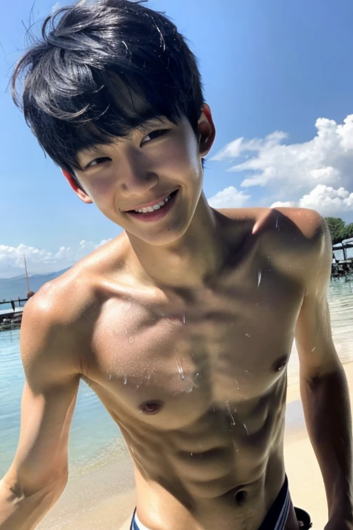 high resolution, realistic, A hyper-realistic, boy, Edgy Ulzzang boy, gorgeous boy face, smiling, showing dominance, skinny body, shirtless, male, fair skin, sweating wet, armpit,full body,naked.show his cock.