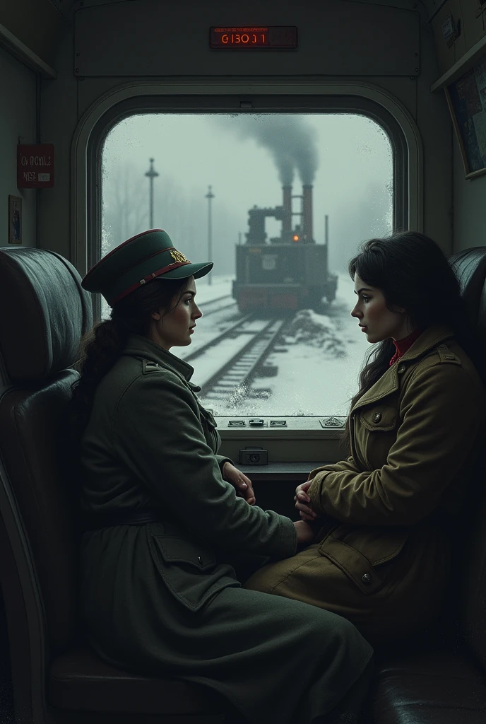 masterpiece, best quality,Soviet female soldiers,Steam locomotive interior,Lie on the window,Look out the car window,World War II,TRAIN STATION,About to travel,dimly lit scene,Dim Lights,Snow outside the window