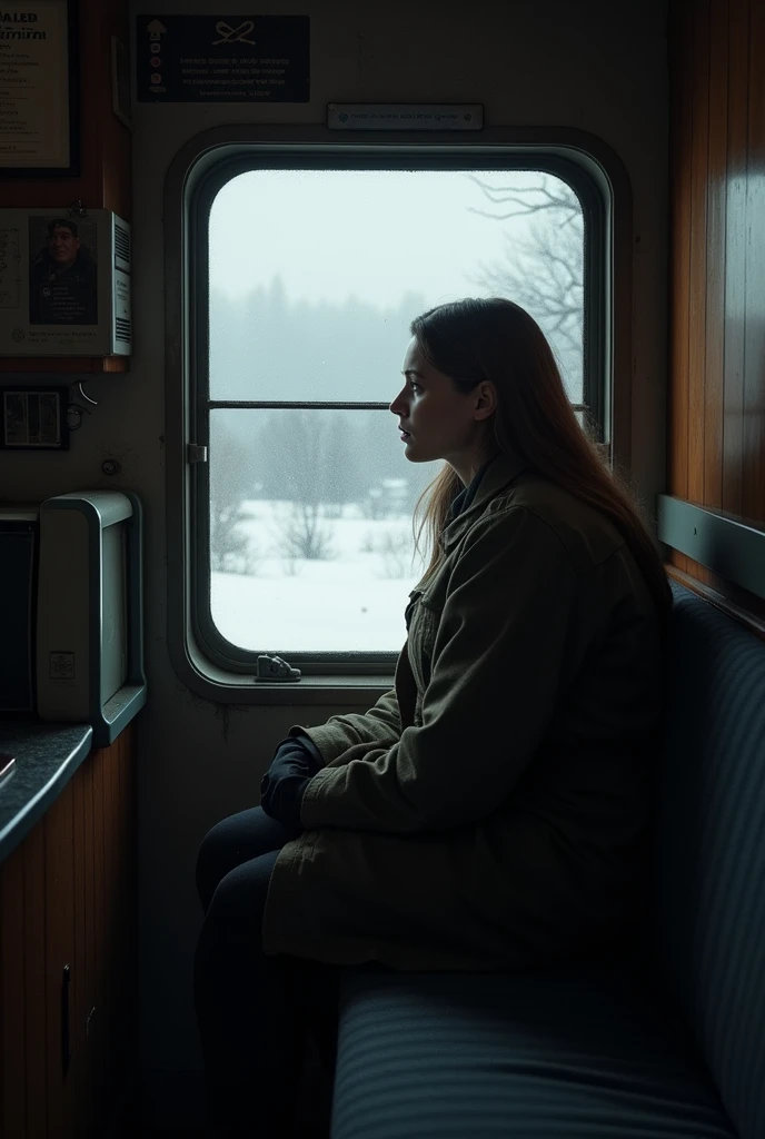 masterpiece, best quality,Soviet female soldiers,Steam locomotive interior,Lie on the window,Look out the car window,World War II,TRAIN STATION,About to travel,dimly lit scene,Dim Lights,Snow outside the window