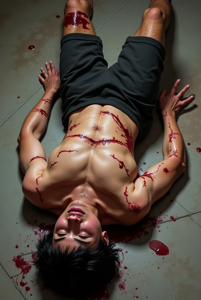 A boy with six pack abs has cuts of bloods in his abdomen is under my feet