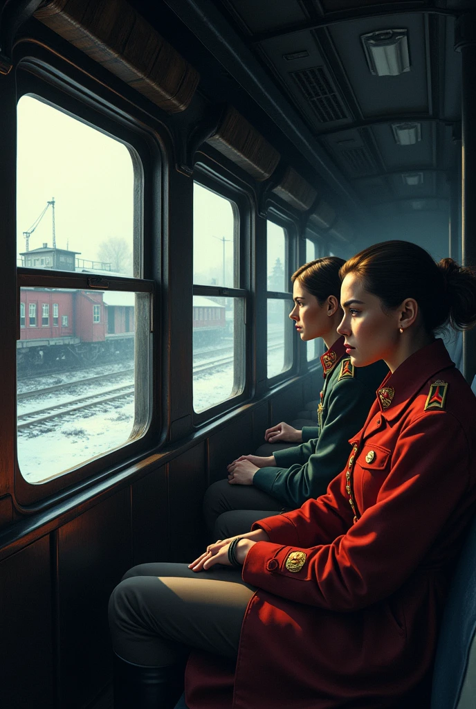 masterpiece, best quality,Soviet female soldiers，Steam locomotive interior，Lie on the window，Look out the car window，World War II，TRAIN STATION，About to travel，dimly lit scene，Dim Lights，Snow outside the window