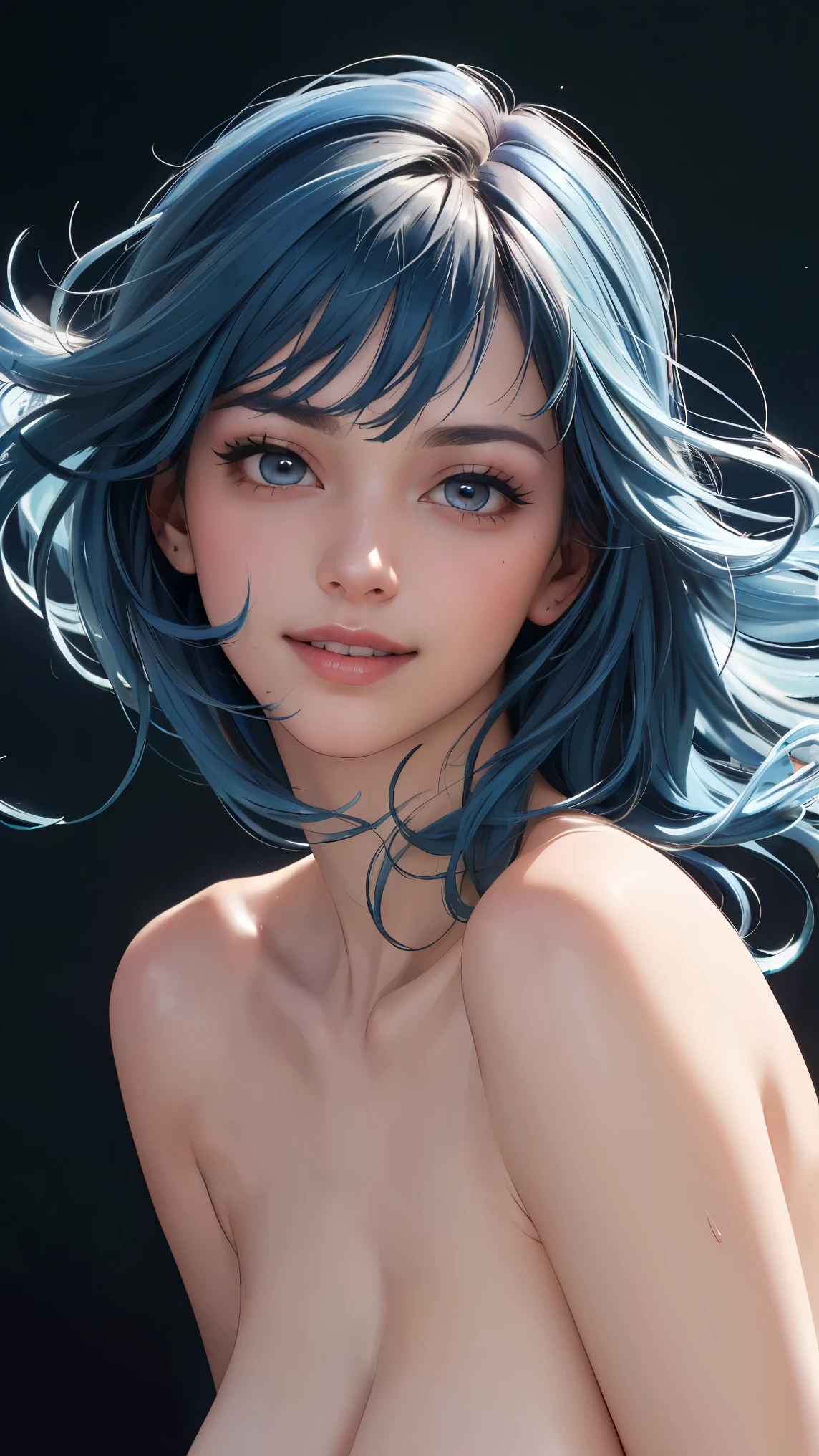((((masterpiece, best quality, high resolution)))), Extremely detailed 8K, Beautiful girl with voluptuous body, (Ultra HD, Ultra-detailed, Highly detailed, Highly realistic, Ultra-realistic, photograph realistic), (1girl:1.5), (), (l), (dynamic poses), (blushing red, embarrassed, smile), (hazel eyes, sharp eyes, sharp face, ), (), ((, blue hair ,bangs, blue hair, dark blue hair, blue hair, bangs, long hair, bangs, messy hair)) , ((, wind blow hair, wind blow hair, )), (beautiful detailed face, beautiful detailed eyes), ((naked, nude)), (), sweat, glow, (sunbeam, sunlight), ((cowboy shot)), (( dark background)), black background,