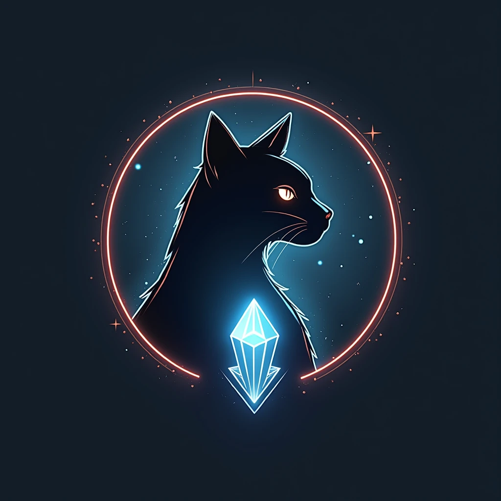 cool, Symbol Logo, Face Profile, 8k, cat, Crystal floating in a circle, emblem, 크리스탈 원안에 크리스탈 cat