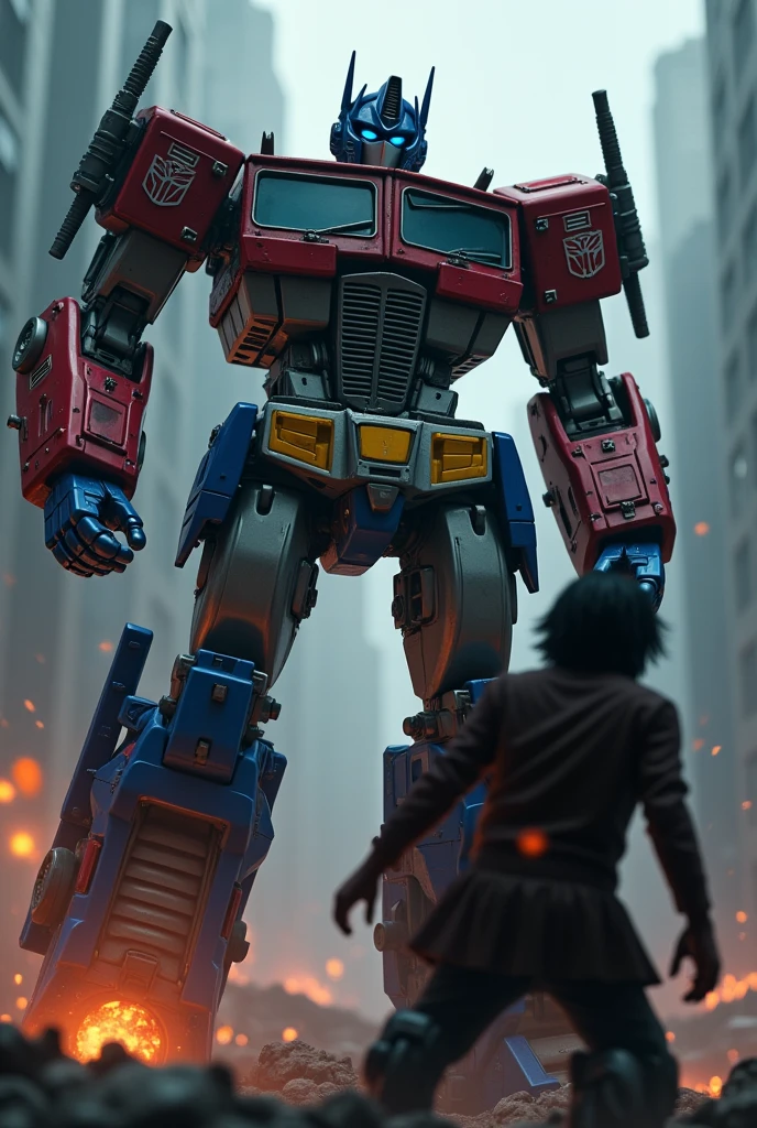 a highly detailed illustration of Optimus Prime attacking Kirito, Kirito's face is hurt, cinematic dramatic lighting, dark moody colors, dynamic action pose, photorealistic 3d render, intricate mecha machinery, intense battle scene, striking contrast between Optimus Prime, Kirito Hurt, gritty realistic textures, compelling cinematic composition, moody and intense atmosphere, ultra-detailed and hyper-realistic