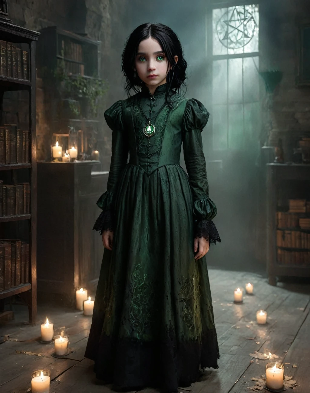 "A terrifying  daughter of severus snape, with cracked porcelain skin and hollow, green eyes, black hair, dressed in an old, tattered Victorian gown. She stands in the center of a dark, eerie room with flickering candlelight casting ominous shadows. Her hands are raised, and she is surrounded by a swirling, ethereal mist of dark magic, glowing with an eerie, otherworldly light. Arcane symbols float in the air around her, and the floor is marked with an intricate pentagram. Her expression is one of malevolent glee, and the atmosphere is thick with an unsettling, supernatural energy. The walls of the room are lined with ancient, dusty books and mysterious artifacts, adding to the chilling, mystical ambiance."
