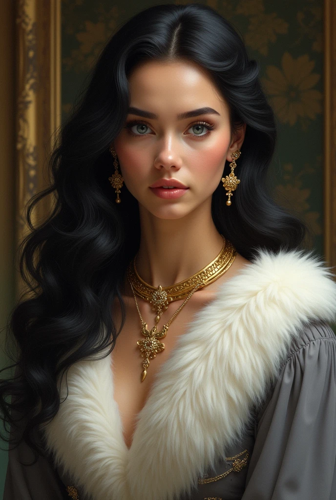 A female with black hair and blue eyes, wearing a gray dress with a white fur collar , make her rich, give her golden necklaces