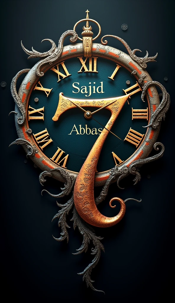 There is a fantasy, lovely title "Sajid Abbas 7" written on a simple hands of clock. There is black background of the title. A 3D, fantasy, aesthetic, realistic poster.