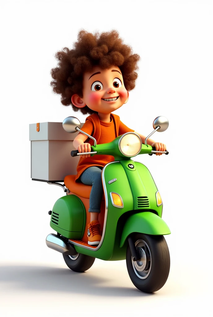 cute curly haired boy riding a green and orange courier motorbike with a large box on the back with a plain white background