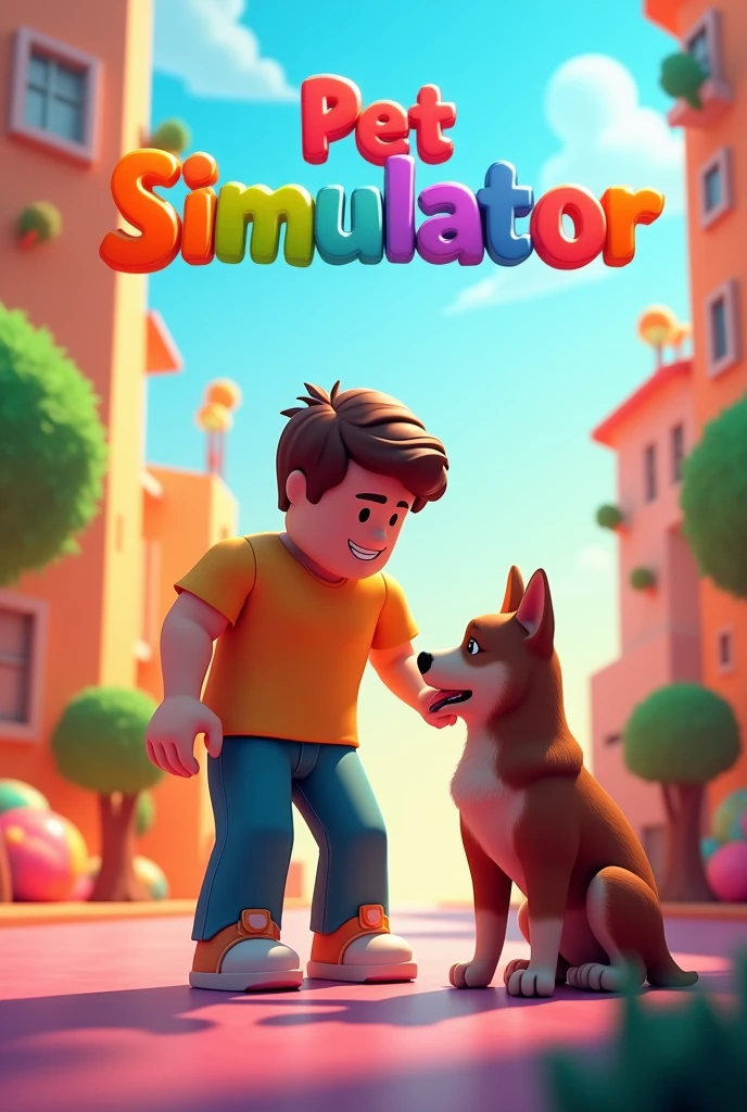 Roblox character leaning to pet the dog and make background cartoonish put a logo on the top from left to right saying pet simulator in colorful letters make the background Roblox like and characters as well
