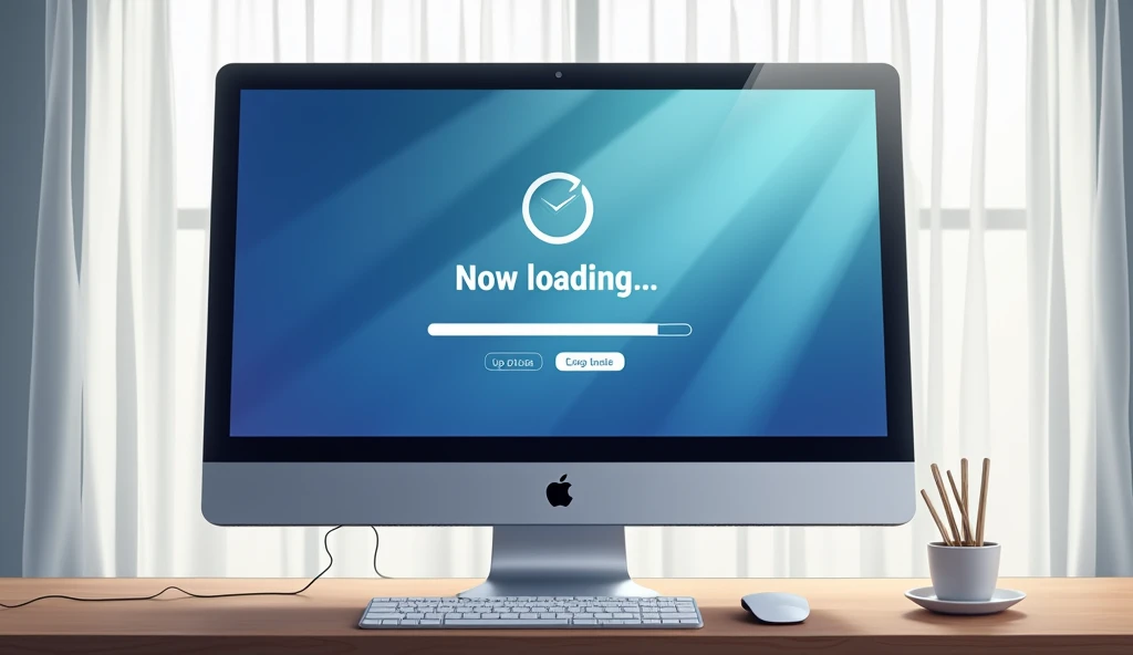 Wide Mac computer monitor,A closed white curtain behind the monitor,「Now loading...」Character,Loading bar,Loading screen,At the bottom right corner, click「UP LOAD」button, mouse pointer,Anime Style, *Photographed diagonally from the side of the monitor,High resolution, 