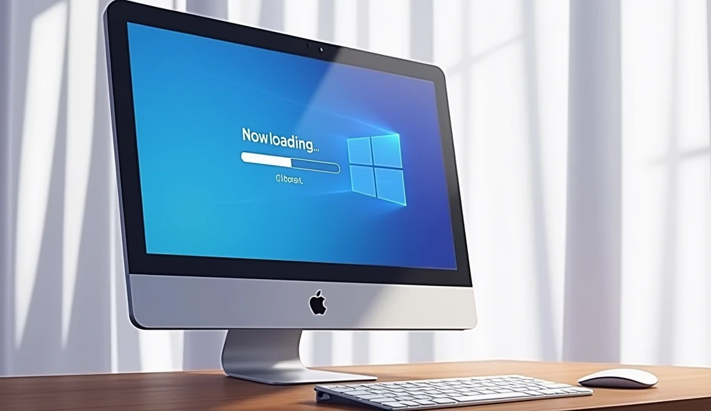 Wide Mac computer monitor,A closed white curtain behind the monitor,「Now loading...」Character,Loading bar,Loading screen,At the bottom right corner, click「UP LOAD」button, mouse pointer,Anime Style, *Photographed diagonally from the side of the monitor,High resolution,