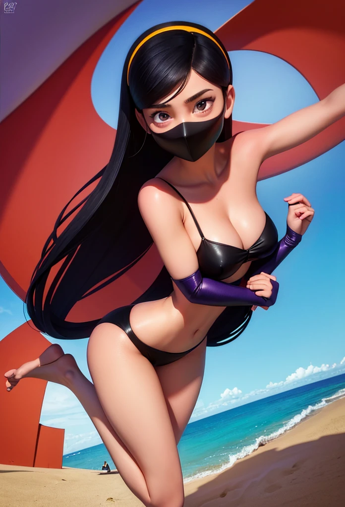 Masterpiece,Solo,1girl,Violet Parr,(The incredible),Big Breasts,Perfect Body,Sexy Body Hot,Ultra High Quality,Ultra High Resolution,Photograph 16K,Ultra Detailed,Long Hair,Hairband,Beautiful,Beautiful Girl,Mini Bra,Mini Panties,Beach Background,Wear a Face Mask,Super Hero 