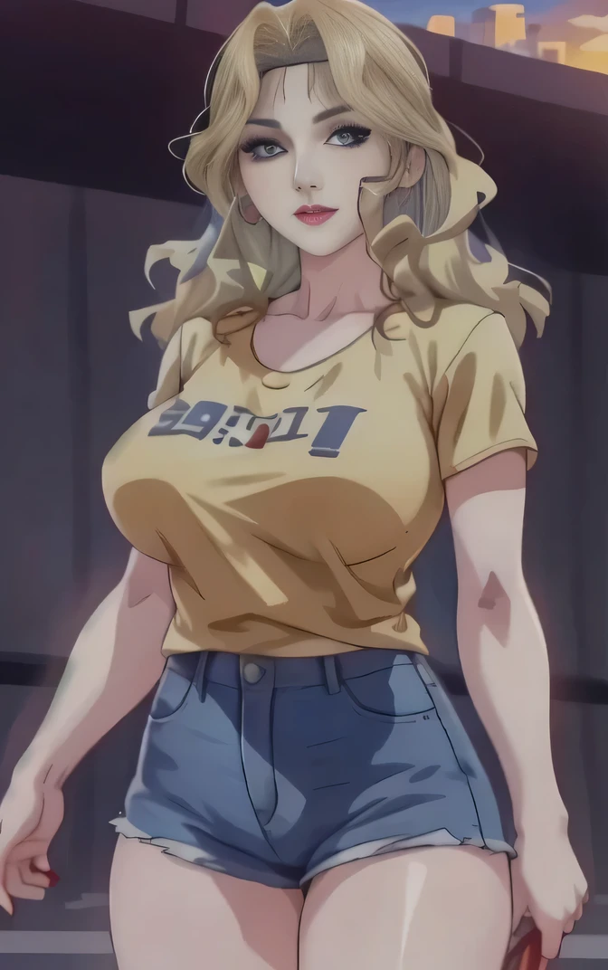 casual summer outfit _AliceNonoyama_ownwaifu,
1girl, blonde hair, long hair, blue eyes, lips, mature female, eyelashes, earrings, jewelry, red lips, nail polish, lipstick, makeup, large breasts, breasts,
 blue low rise jeans shorts, birght yellow t-shirt short sleeve
((masterpiece)),((best quality)),((anime screencap, game_cg)),  original, official_art, chromatic_aberration, bokeh, depth_of_field, skyline, scenery, cloudy_sky, sunset, outdoors, day, looking at viewer, solo, cowboy shot, detailed perfect beautiful face, clear eyes detailed