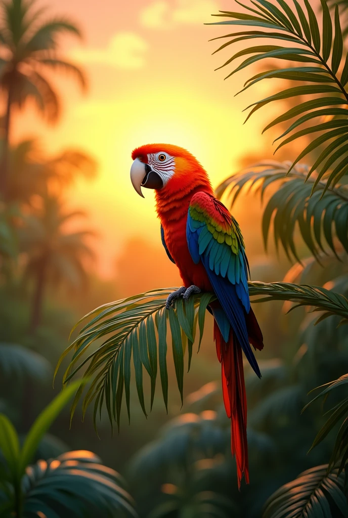 A vibrant parrot perched on a lush tropical branch during a golden sunset.