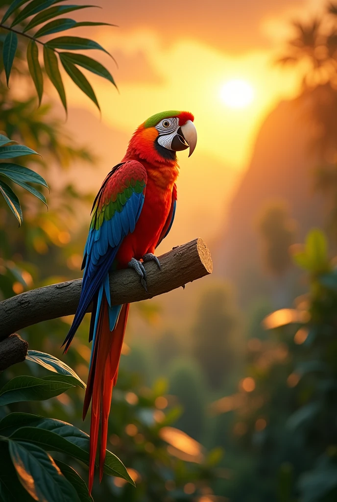  A vibrant parrot perched on a lush tropical branch during a golden sunset.