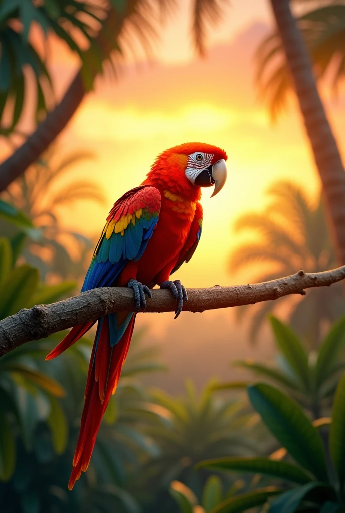 A vibrant parrot perched on a lush tropical branch during a golden sunset.