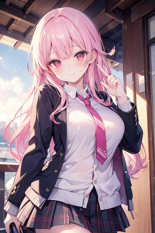 (best quality, masterpiece, ultra-detailed, perfect pixels), (UHD, RTX, 4k wallpaper, japanese anime, CG smooth, textured skin, realistic texture, natural light), 1girl, rio, seductive, busty, perfect body, bangs, long hair, pink hair,red eyes,blushing face (close-up, pov, dynamic pose), sly smile, beautiful smile, nipslip, medium breasts, blush, (school uniform, jacket, necktie, cardigan, plaid skirt), outdoor, amusement park, leaning forward