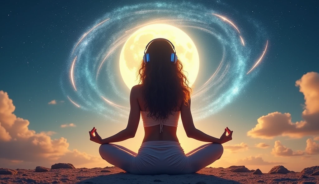 A serene Indian yoga instructor radiates tranquility in the midst of swirling energy, embodying strength and grace with her beautiful wavy hair and peaceful expression. She is wearing a headphone meditating with the music. The full moon shines brightly in the sky, accompanied by streaking comets. This breathtaking scene is depicted in a digitally enhanced photograph, showcasing vibrant colors and exquisite detail. The overall composition exudes a sense of calm and spiritual connection, inviting viewers to bask in the beauty of this captivating portrayal.