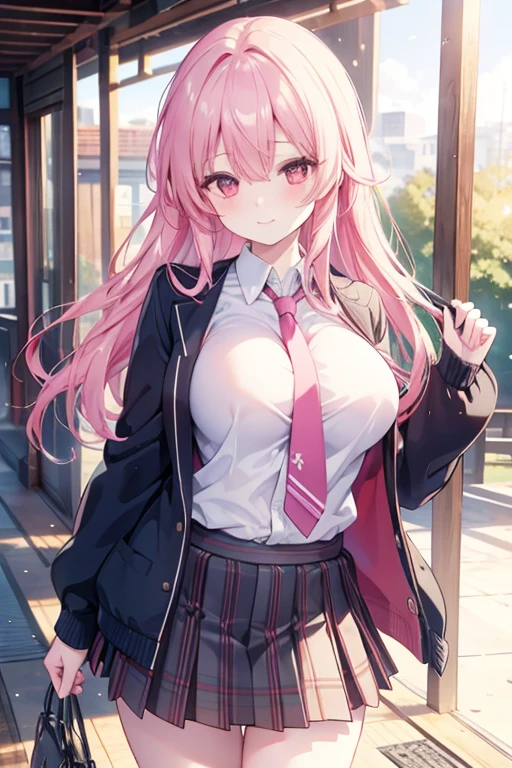 (best quality, masterpiece, ultra-detailed, perfect pixels), (UHD, RTX, 4k wallpaper, japanese anime, CG smooth, textured skin, realistic texture, natural light), 1girl, rio, seductive, busty, perfect body, bangs, long hair, pink hair,red eyes,blushing face (close-up, pov, dynamic pose), sly smile, beautiful smile, nipslip, medium breasts, blush, (school uniform, jacket, necktie, cardigan, plaid skirt), outdoor, amusement park, leaning forward