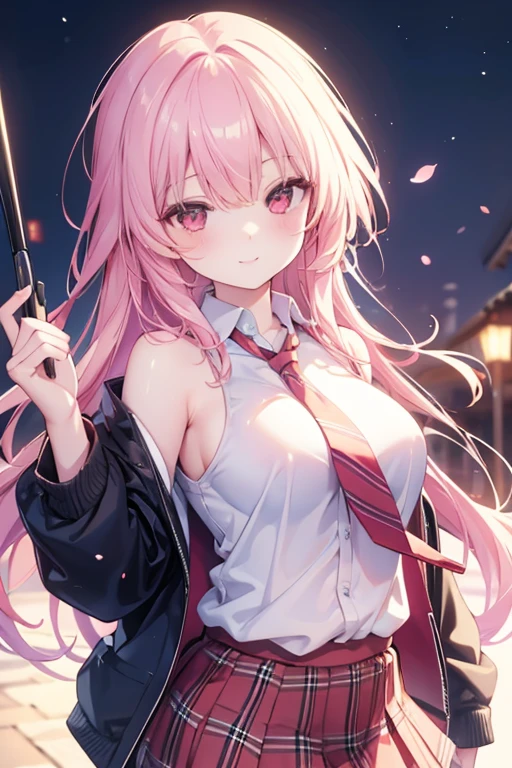 (best quality, masterpiece, ultra-detailed, perfect pixels), (UHD, RTX, 4k wallpaper, japanese anime, CG smooth, textured skin, realistic texture, natural light), 1girl, rio, seductive, busty, perfect body, bangs, long hair, pink hair,red eyes,blushing face (close-up, pov, dynamic pose), sly smile, beautiful smile, nipslip, medium breasts, blush, (school uniform, jacket, necktie, cardigan, plaid skirt), outdoor, amusement park, leaning forward