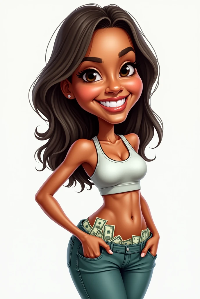 caricature of a 35 year old Brazilian woman smiling, light black woman with straight, short hair down to her shoulders, with workout clothes, thin but with a big butt turned a little to the side and with her pants pockets full of money, falling out